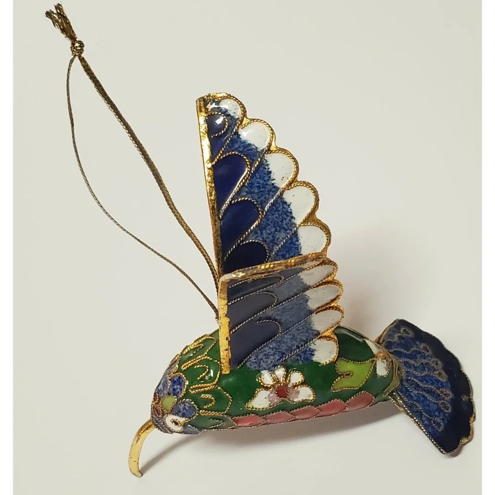 Enameled Cloisonne Christmas Ornament Hummingbird Gold Edge Feathers Multicolor - Picture 4 of 13